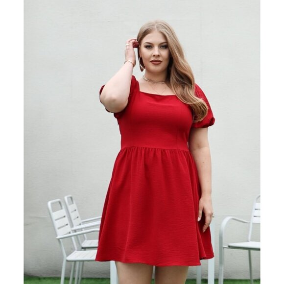 Ofeefan Women Red Puff Sleeve Square Neck Tie in Back Dresses with Zipper - Picture 2 of 5